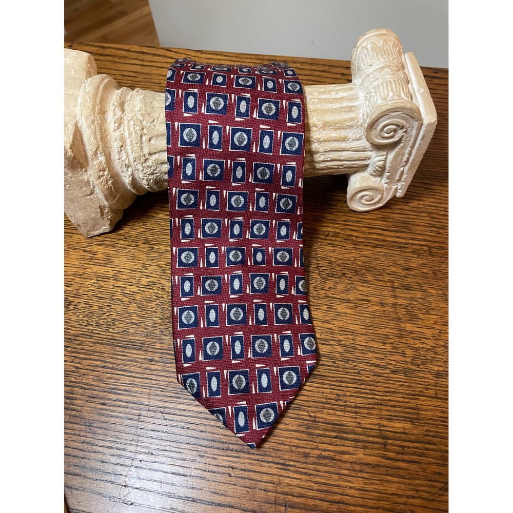 Ferrell Reed Mens Silk Tie Burgundy Blue Geometric Squares Handmade USA FRN48196